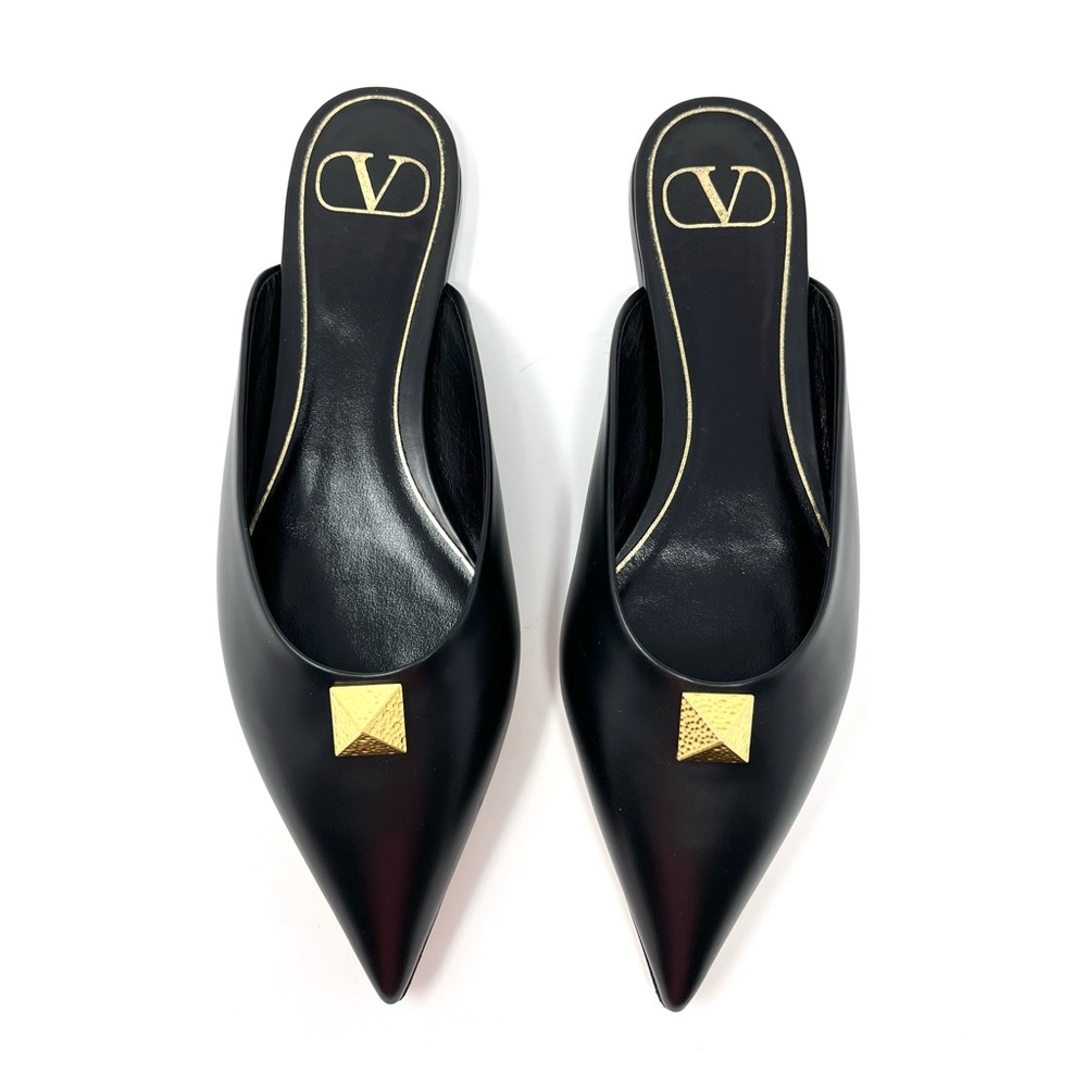 Valentino Garavani Rockstud One Stud Leather Flats Mules Black Gold 36.5 6.5